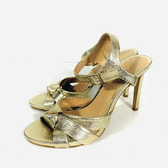 Jewel Badgley Mischka Metallic Gold Heels Evening Shoes Size 8 Bow Formal Glam - Picture 1 of 8